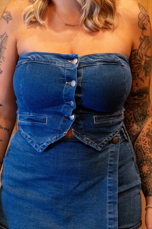 Run It Back Denim strapless Crop Top